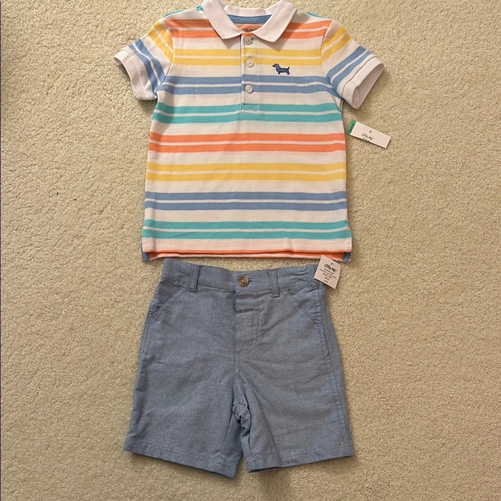 Little Me 100% Cotton Yellow and Orange Polo and Matching Shorts Set